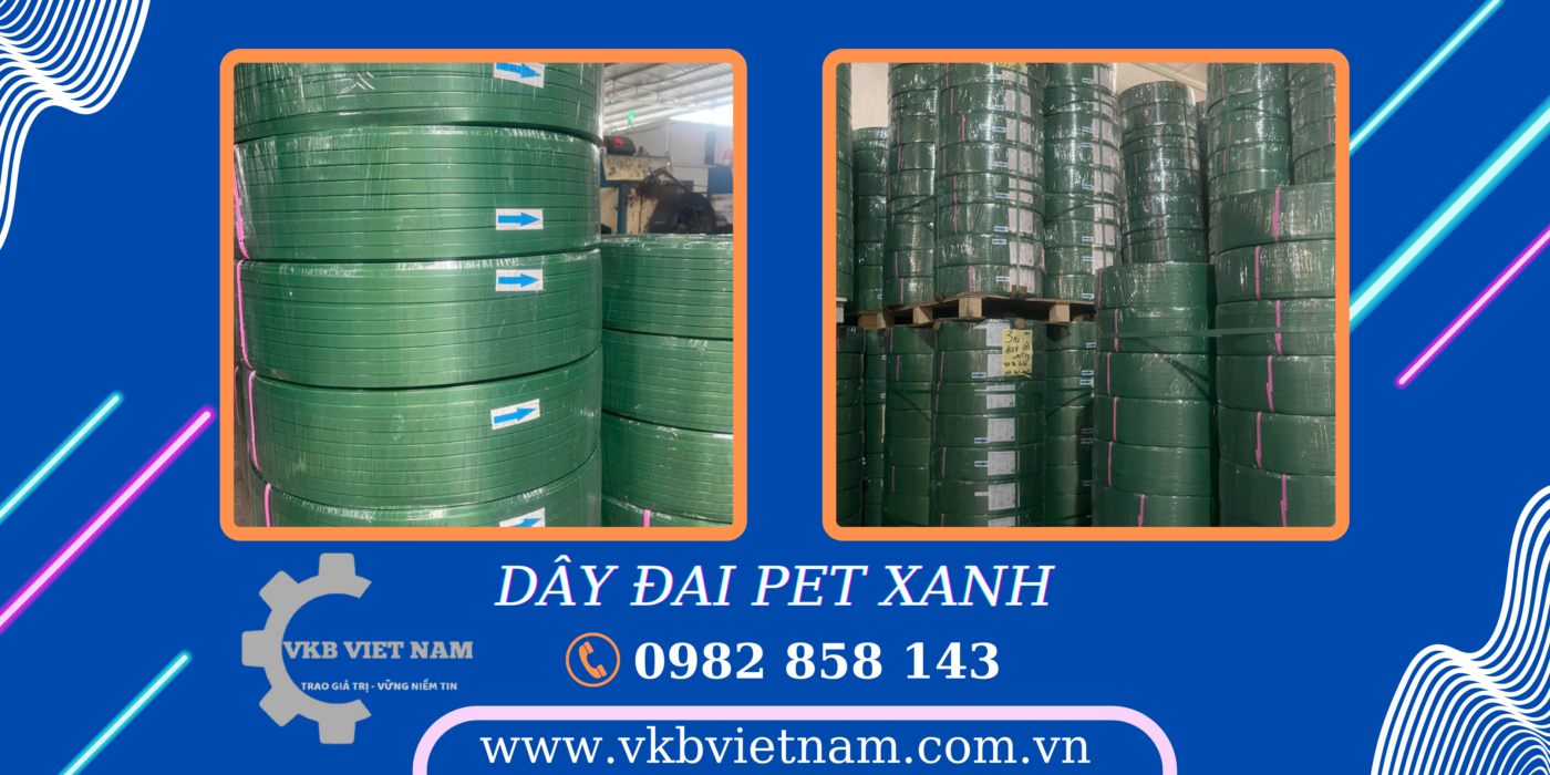 Dây đai PET xanh là loại dây đai nhựa polyester có độ bền cao, chuyên dùng để đóng gói hàng hóa nặng như gạch, gỗ, kim loại.