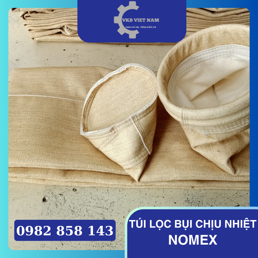 túi lọc bụi chịu nhiệt nomex (2) Túi lọc bụi chịu nhiệt Nomex làm từ sợi Aramid, chịu nhiệt liên tục đến 220°C. Chống cháy, bền cơ học cao, thích hợp cho lò hơi dùng dầu, khí đốt.