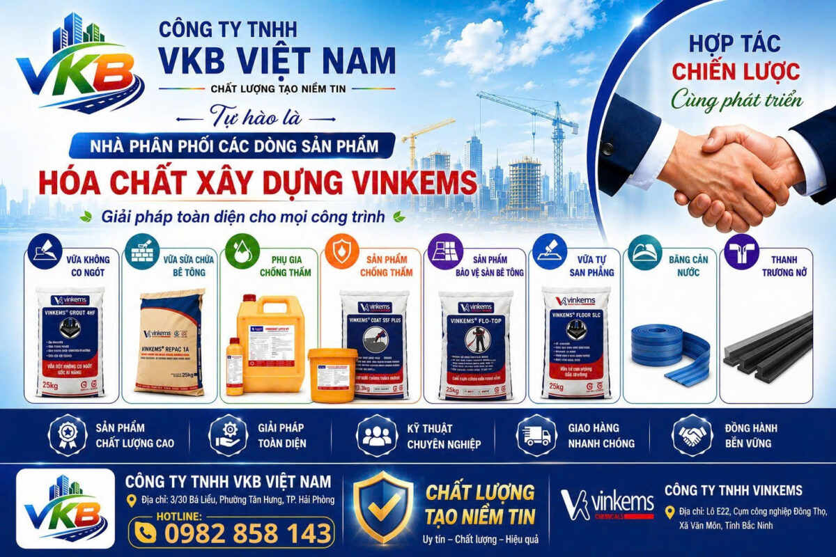Hóa chất xây dựng Vinkems – giải pháp chuyên dụng cho bê tông, sàn công nghiệp và nhiều hạng mục xây dựng.