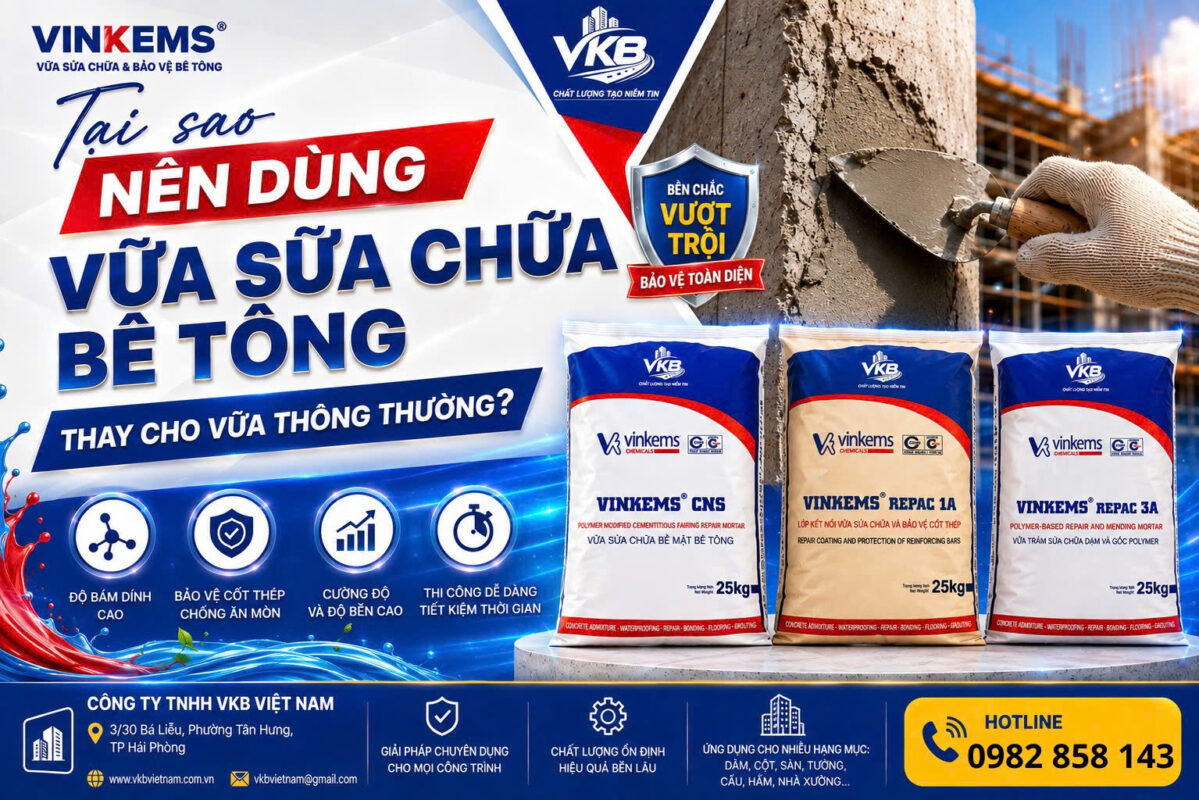 Vữa sửa chữa bê tông được thiết kế chuyên dụng, có độ bám dính và cường độ phù hợp hơn vữa xi măng – cát thông thường.