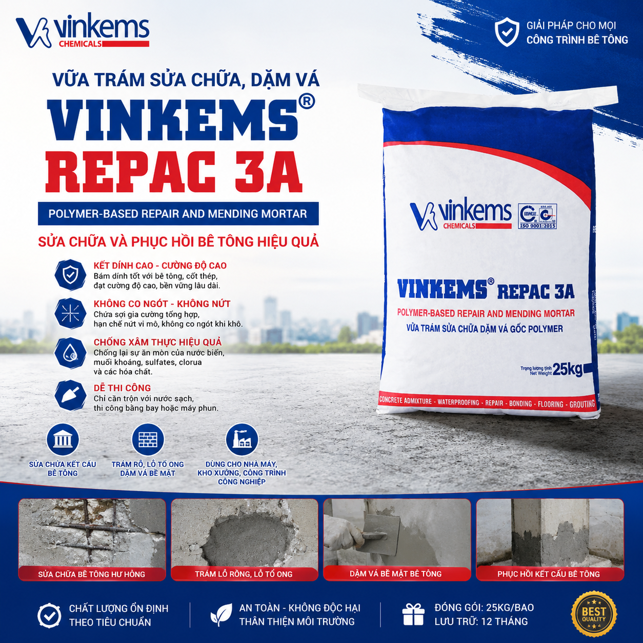 vữa sửa chữa vinkems repac 3a Vinkems Repac 3A là vữa sửa chữa gốc polymer chuyên dụng cho các vị trí bê tông bị hư hỏng, bong tróc và khuyết thiếu vật liệu.