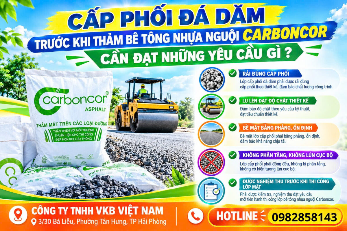 Nền cấp phối đá dăm trước khi thảm bê tông nhựa nguội Carboncor cần được lu lèn chặt và ổn định.