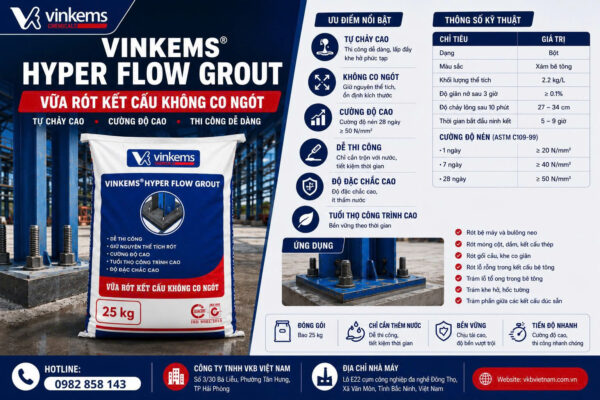 Vinkems Hyper Flow là dòng vữa tự chảy không co ngót được sử dụng trong nhiều hạng mục thi công và sửa chữa công trình
