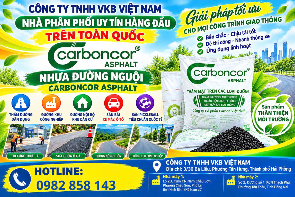Công ty TNHH VKB Việt Nam là đại lý phân phối nhựa đường nguội Carboncor Asphalt uy tín, phục vụ nhu cầu thi công và sửa chữa mặt đường