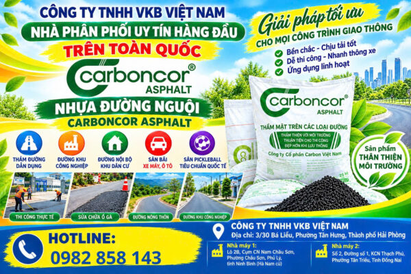 Công ty TNHH VKB Việt Nam là đại lý phân phối nhựa đường nguội Carboncor Asphalt uy tín, phục vụ nhu cầu thi công và sửa chữa mặt đường